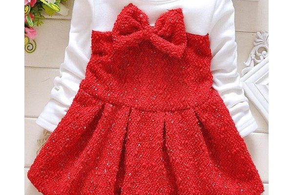 Stylish Round Neck Bowknot Design Long Sleeve Thicken Mini Dress For Girl