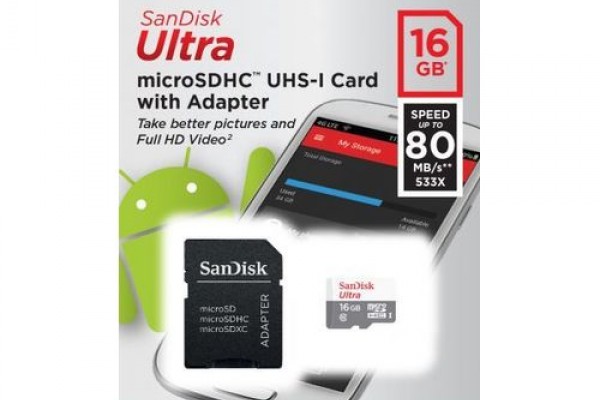 Sandisk Carte M&eacute;moire Sandisk original MicroSDHC- Ultra 16 Go - 80 Mo/s - Classe 10 Gris